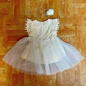 NWT baby girl tulle dress with headband ivory 2T